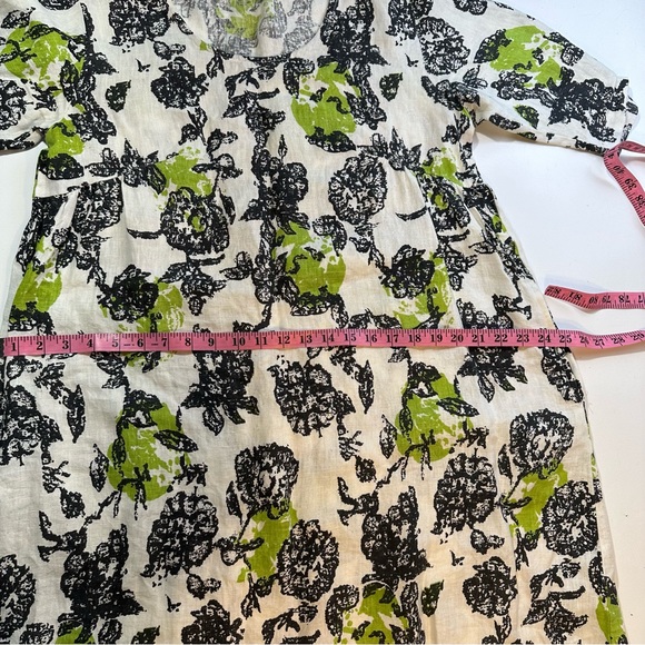 Snapdragon & Twig 100% Linen Orbit Green Cream Black Floral Oversized Dress XS - Picture 15 of 16